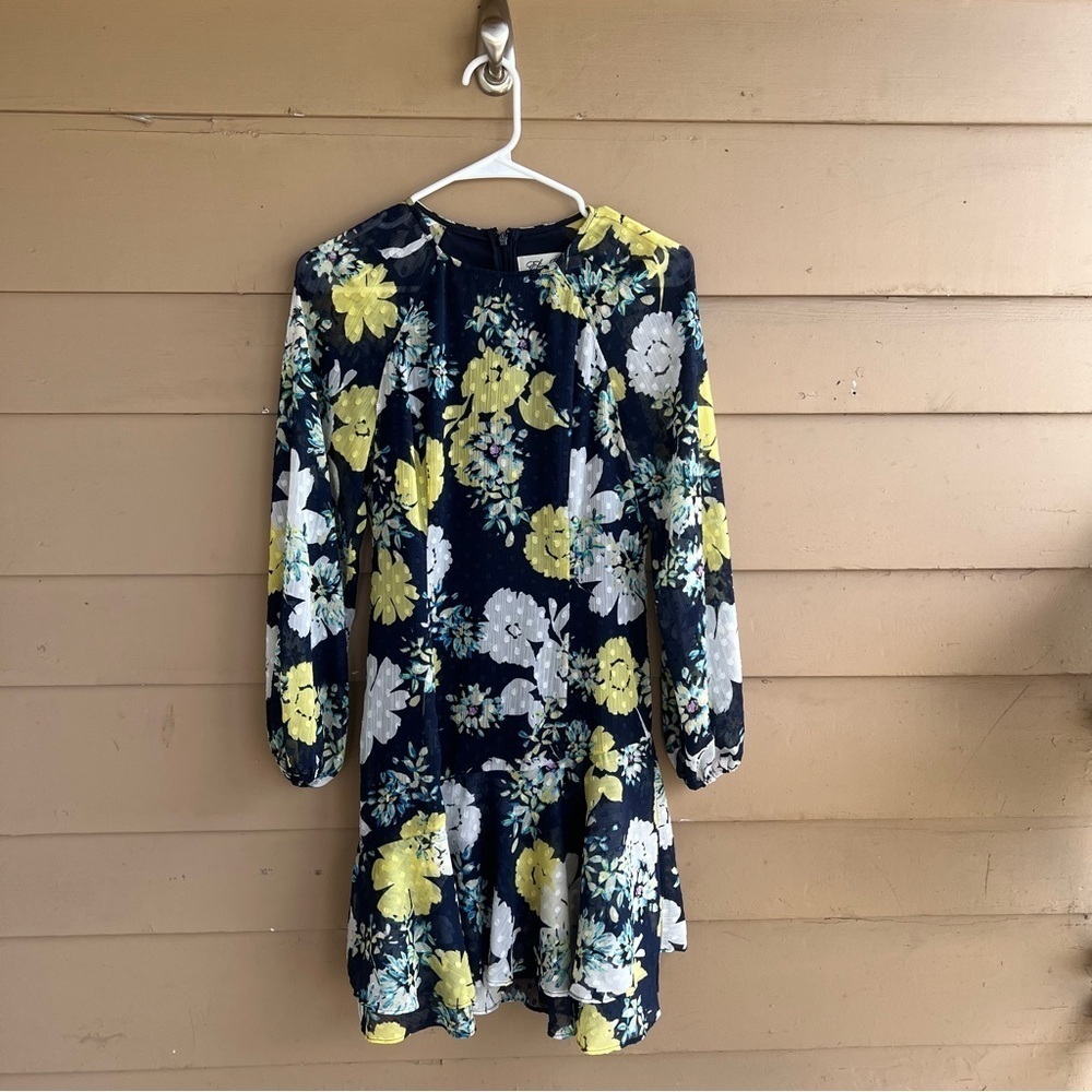 Eliza J Navy & Yellow Floral Chiffon Ruffle Dress Size 2 - Party Wedding Guest